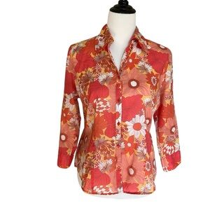 LOFT Retro Floral Print 3/4 Sleeve Button Down Shirt Orange White 8 Cotton